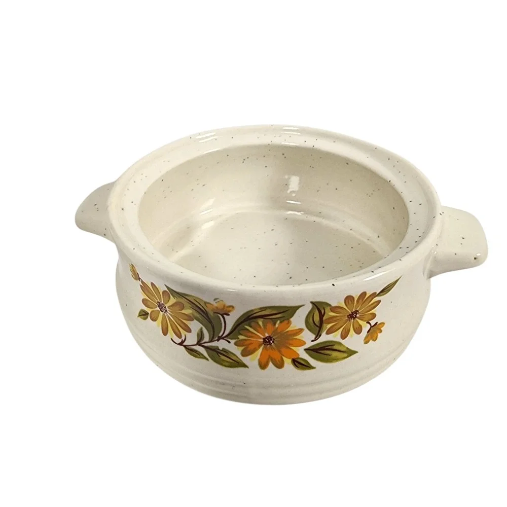 Vintage Bake Serve Store Stoneware Casserole‎ Dish Lid Floral Yellow Flower